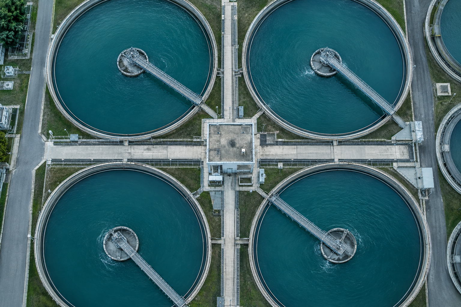 Aerial view of circular wastewater treatment clarifier tanks
